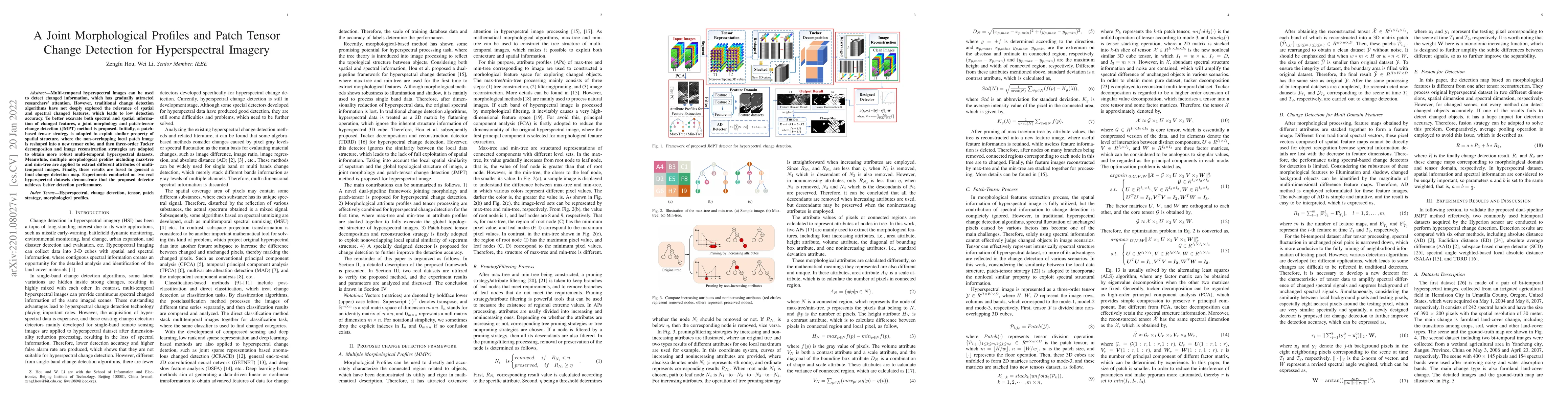 Thumbnail for A Joint Morphological Profiles and Patch Tensor Change Detection for
  Hyperspectral Imagery