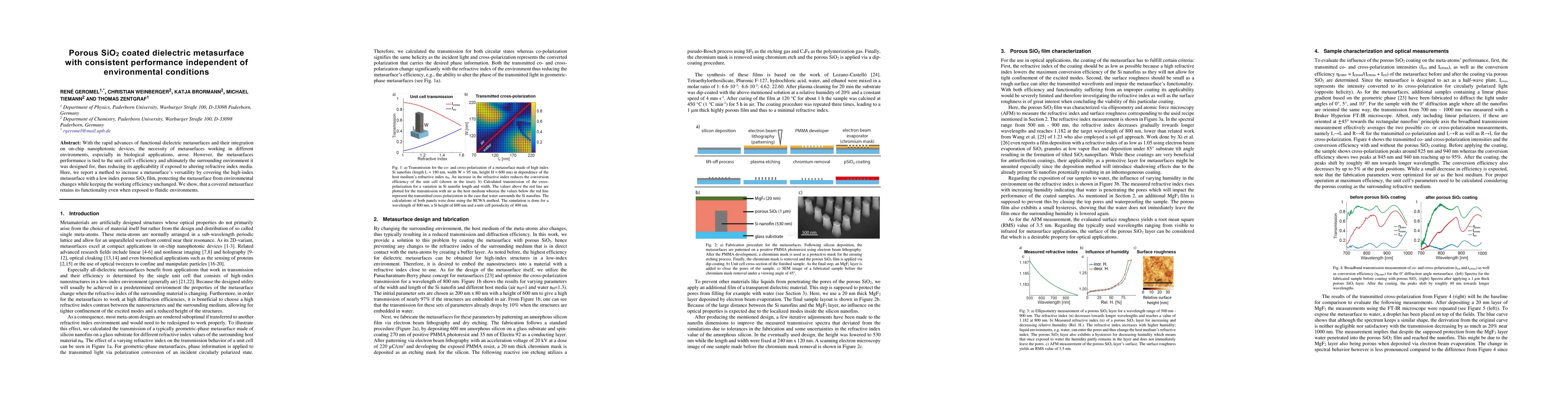 Thumbnail for Porous SiO$_2$ coated dielectric metasurface with consistent performance
  independent of environmental conditions