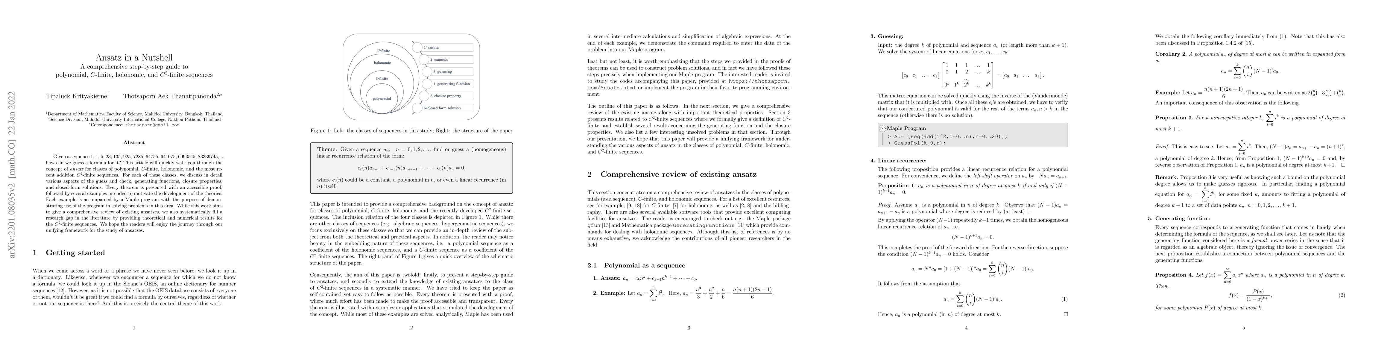 Thumbnail for Ansatz in a Nutshell: A comprehensive step-by-step guide to polynomial,
  $C$-finite, holonomic, and $C^2$-finite sequences