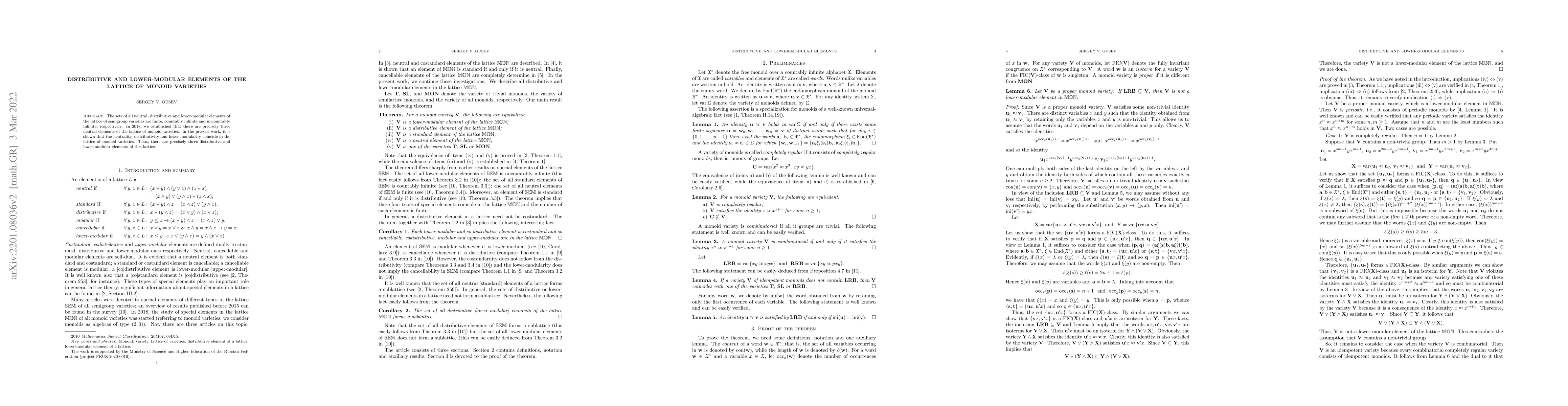 Thumbnail for Distributive and lower-modular elements of the lattice of monoid
  varieties