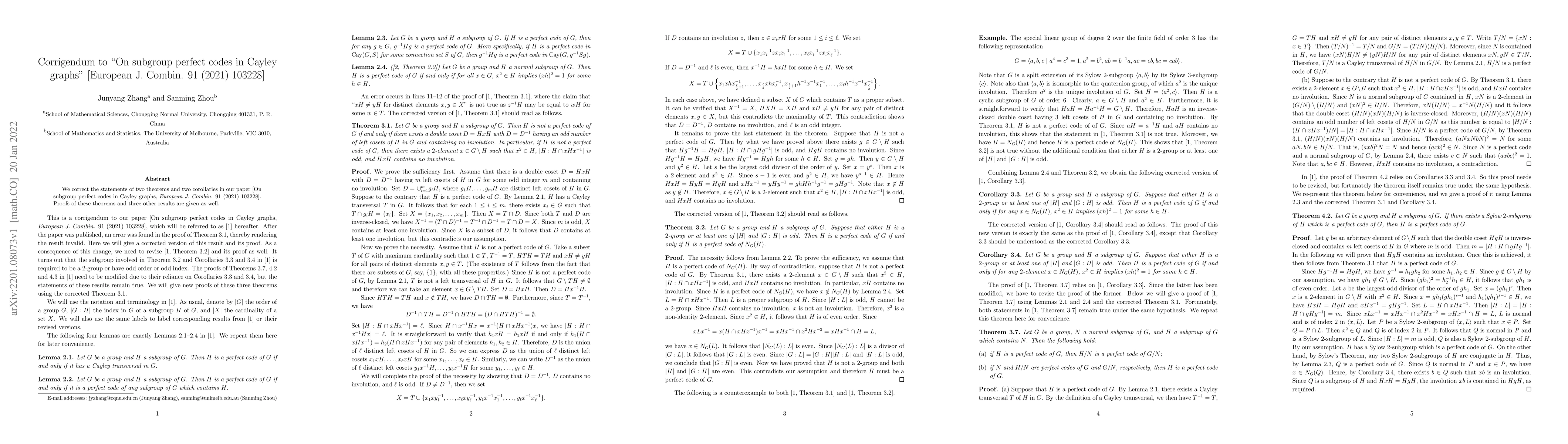 Thumbnail for Corrigendum to "On subgroup perfect codes in Cayley graphs" [European J.
  Combin. 91 (2021) 103228]