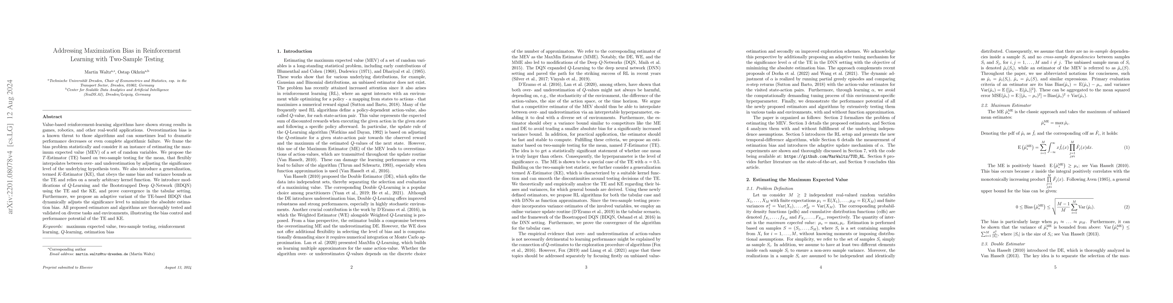 Thumbnail for Addressing Maximization Bias in Reinforcement Learning with Two-Sample
  Testing