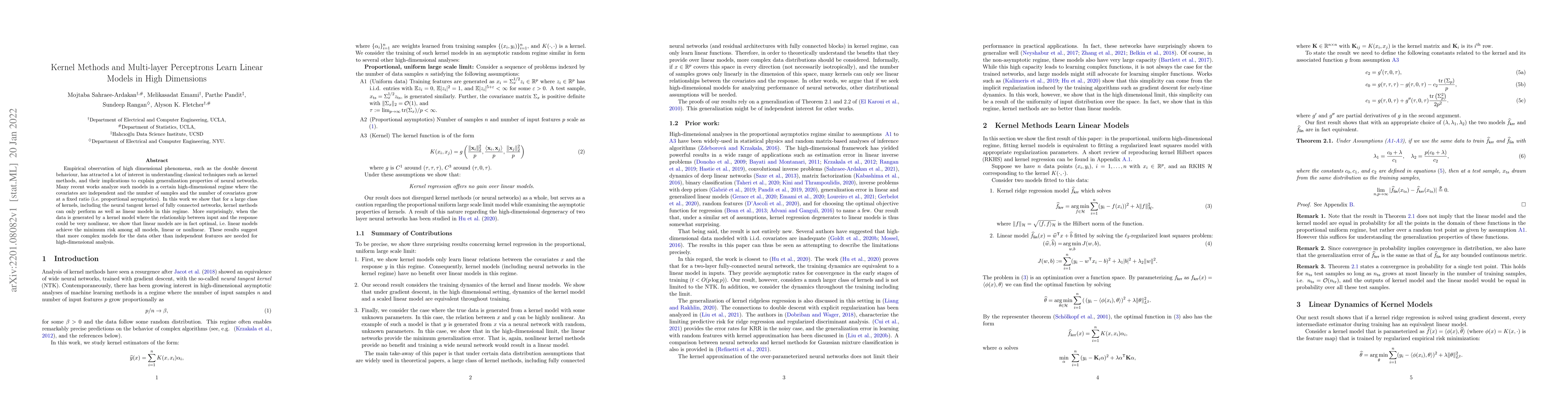 Thumbnail for Kernel Methods and Multi-layer Perceptrons Learn Linear Models in High
  Dimensions