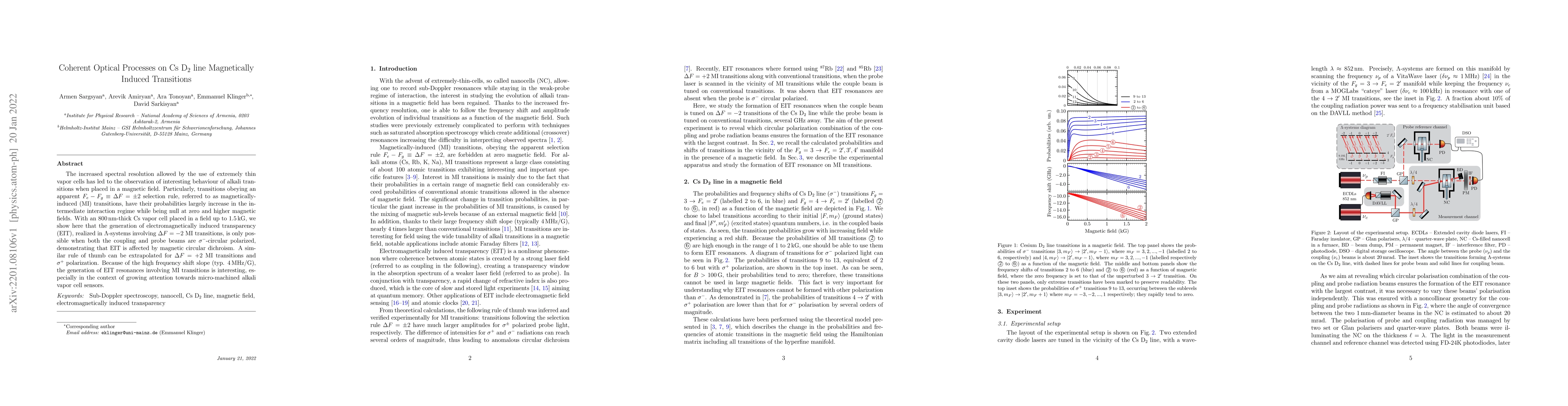 Thumbnail for Coherent Optical Processes on Cs D$_2$ line Magnetically Induced
  Transitions