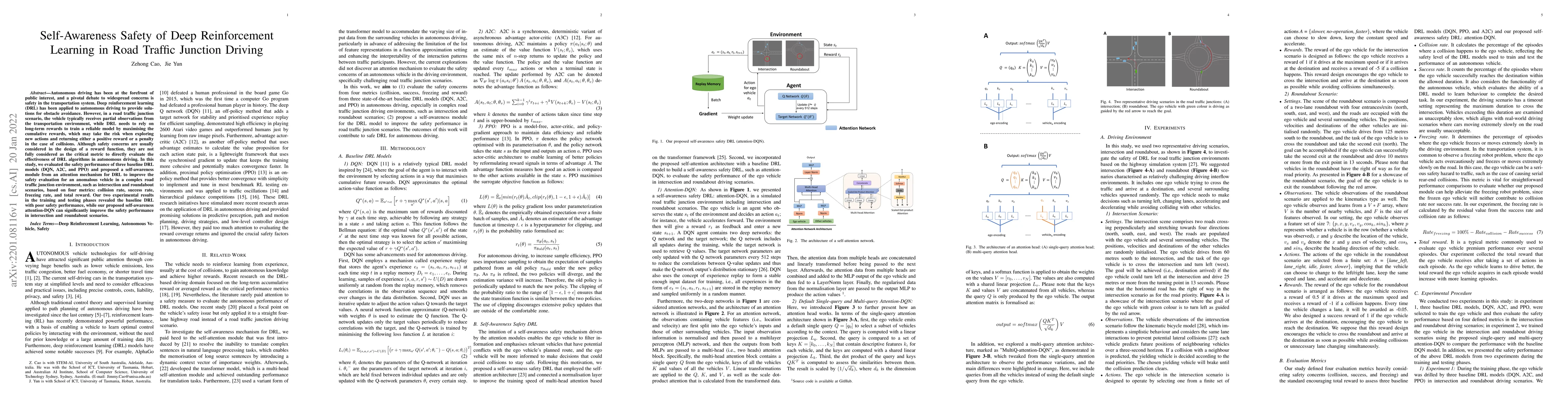 Thumbnail for Self-Awareness Safety of Deep Reinforcement Learning in Road Traffic
  Junction Driving