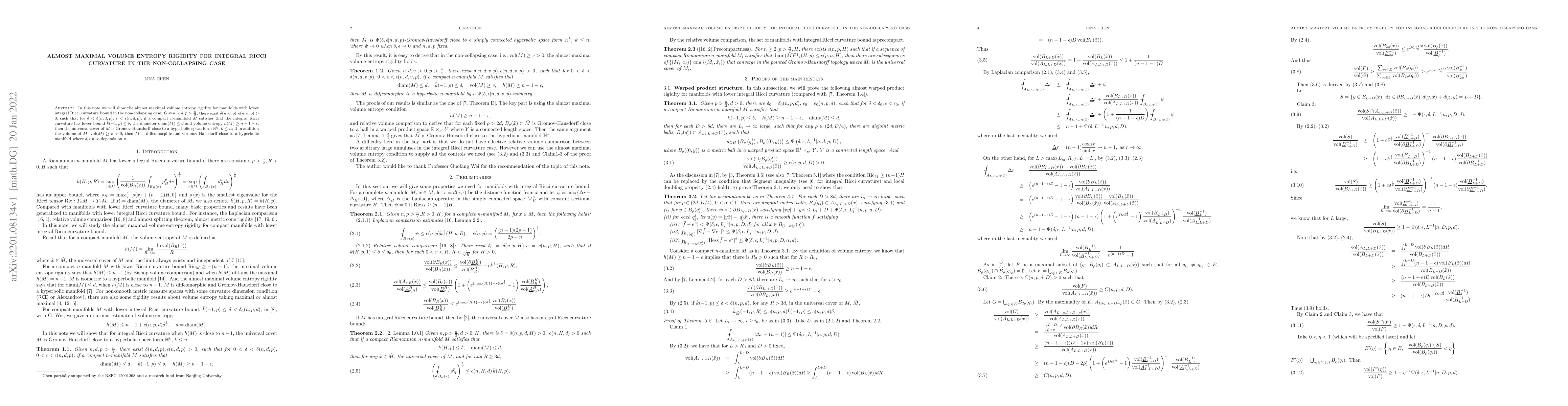 Thumbnail for Almost maximal volume entropy rigidity for integral Ricci curvature in
  the non-collapsing case