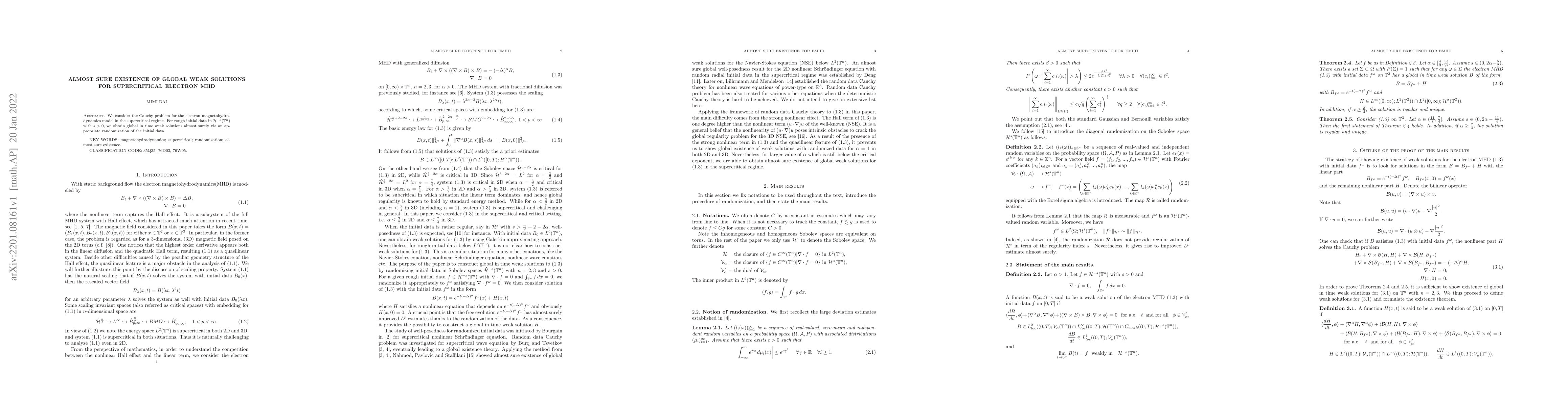 Thumbnail for Almost sure existence of global weak solutions for supercritical
  electron MHD