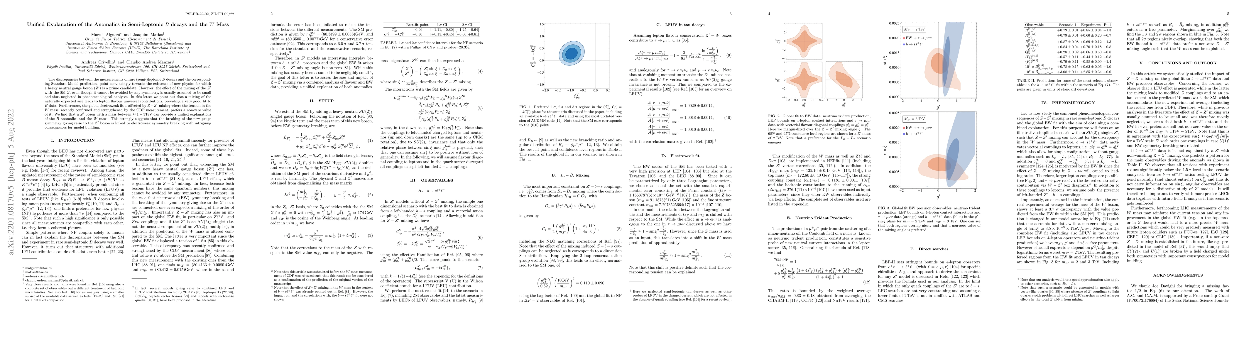 Thumbnail for Unified Explanation of the Anomalies in Semi-Leptonic $B$ decays and the
  $W$ Mass