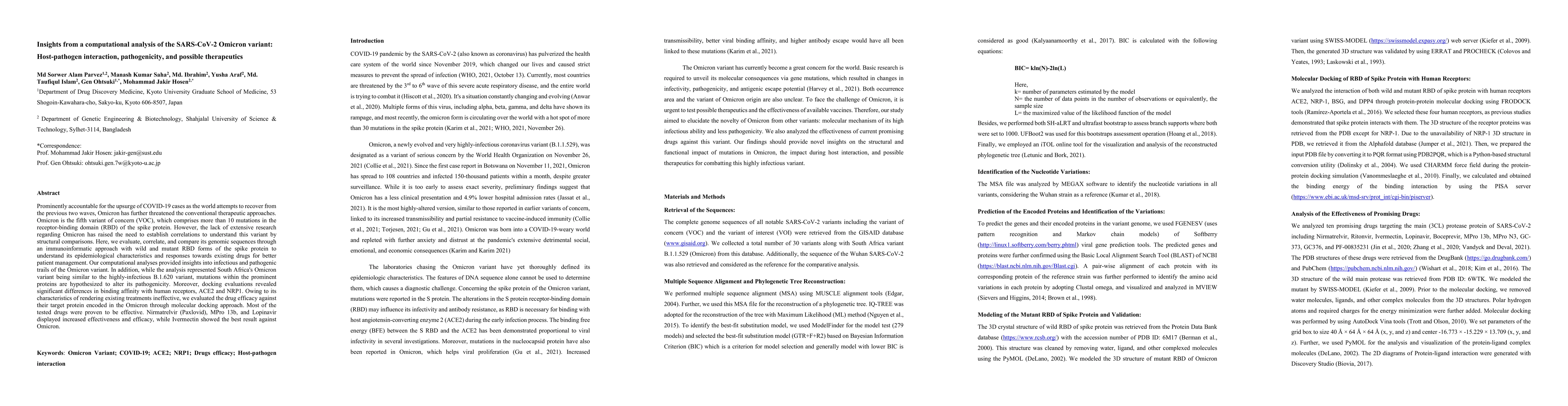 Thumbnail for Insights from a computational analysis of the SARS-CoV-2 Omicron
  variant: Host-pathogen interaction, pathogenicity and possible therapeutics