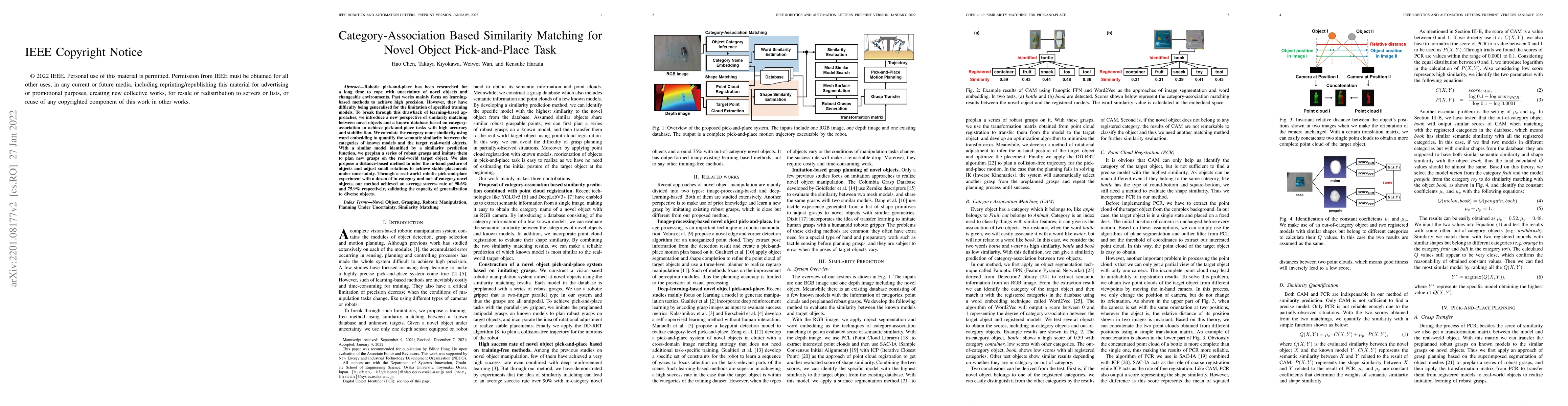 Thumbnail for Category-Association Based Similarity Matching for Novel Object
  Pick-and-Place Task