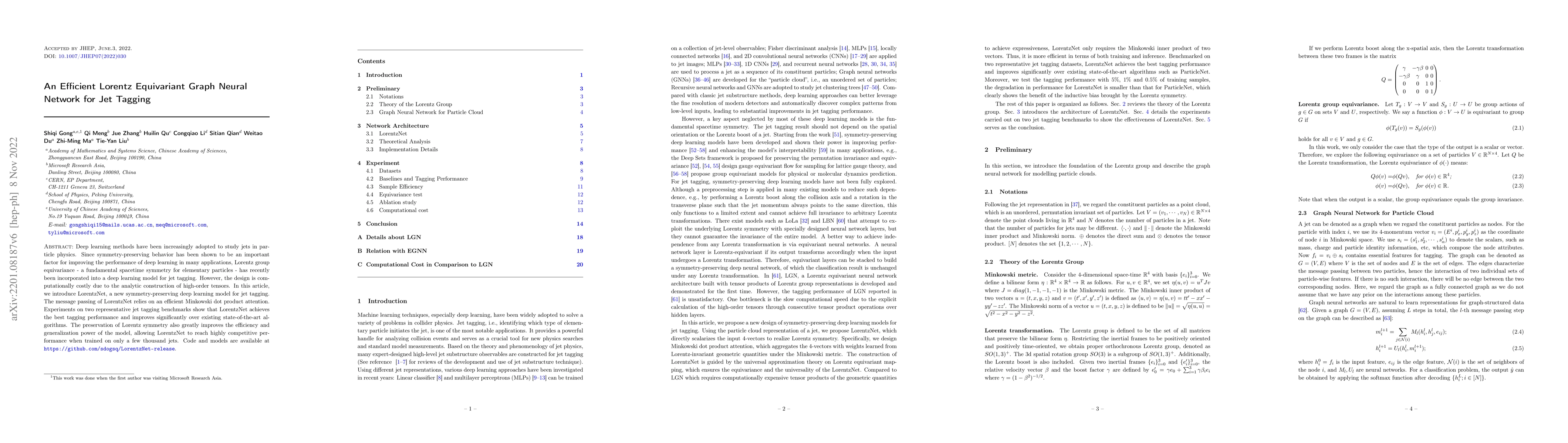 Thumbnail for An Efficient Lorentz Equivariant Graph Neural Network for Jet Tagging