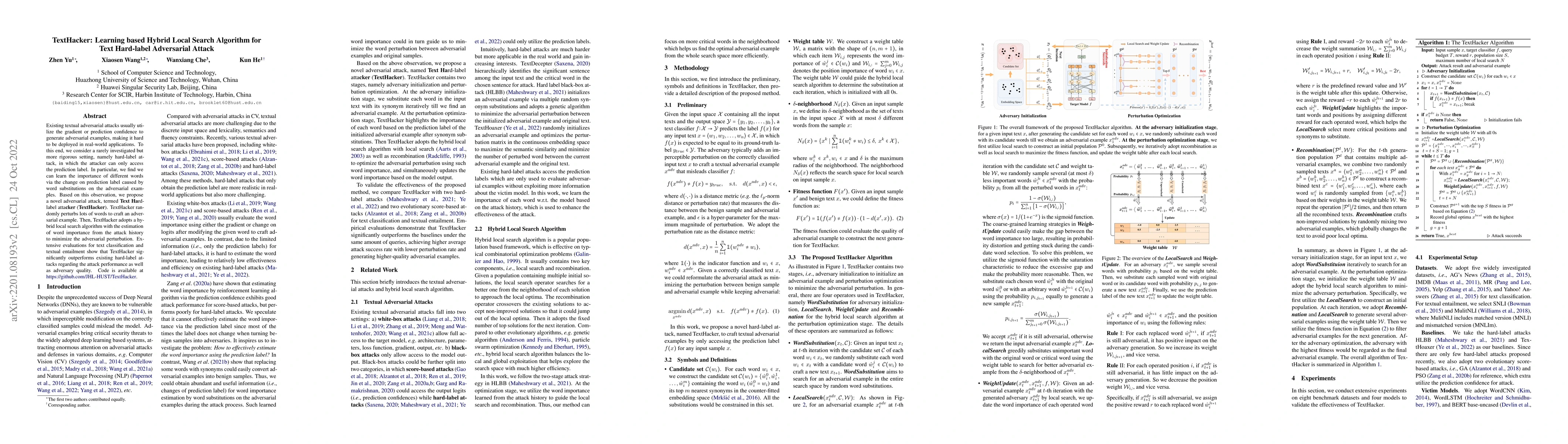 Thumbnail for TextHacker: Learning based Hybrid Local Search Algorithm for Text
  Hard-label Adversarial Attack