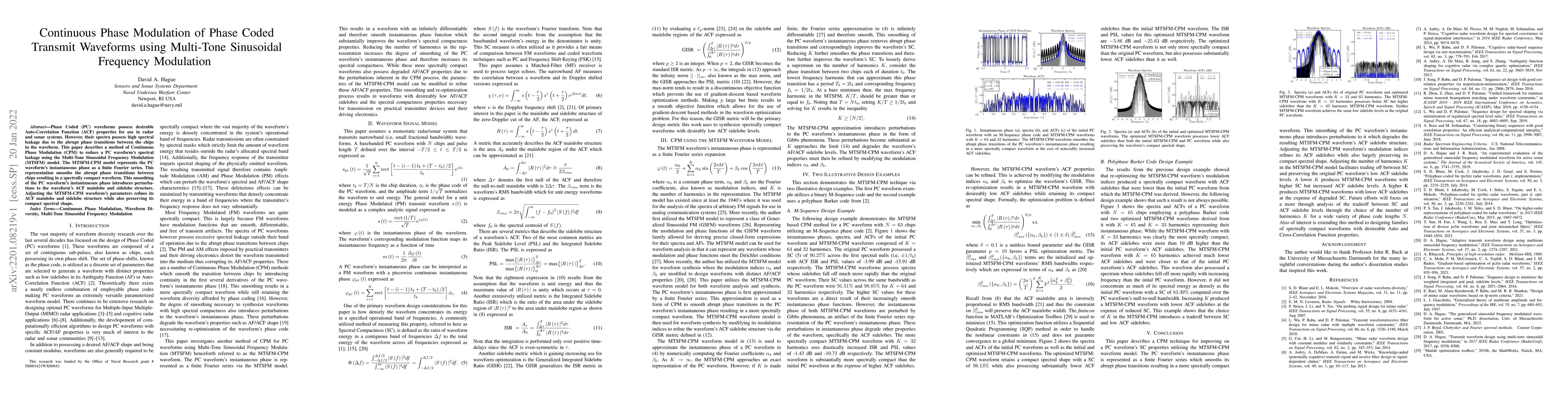 Thumbnail for Continuous Phase Modulation of Phase Coded Transmit Waveforms using
  Multi-Tone Sinusoidal Frequency Modulation
