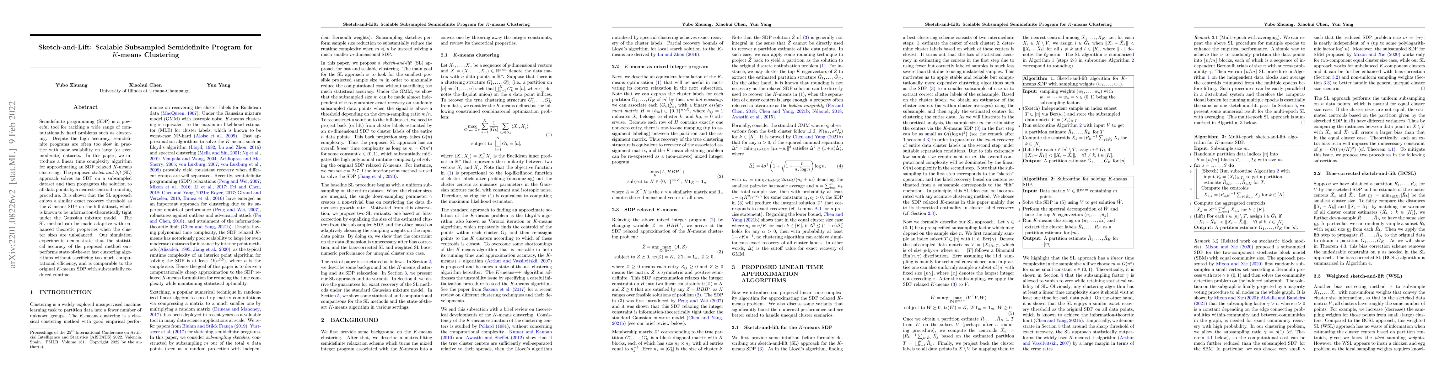 Thumbnail for Sketch-and-Lift: Scalable Subsampled Semidefinite Program for $K$-means
  Clustering