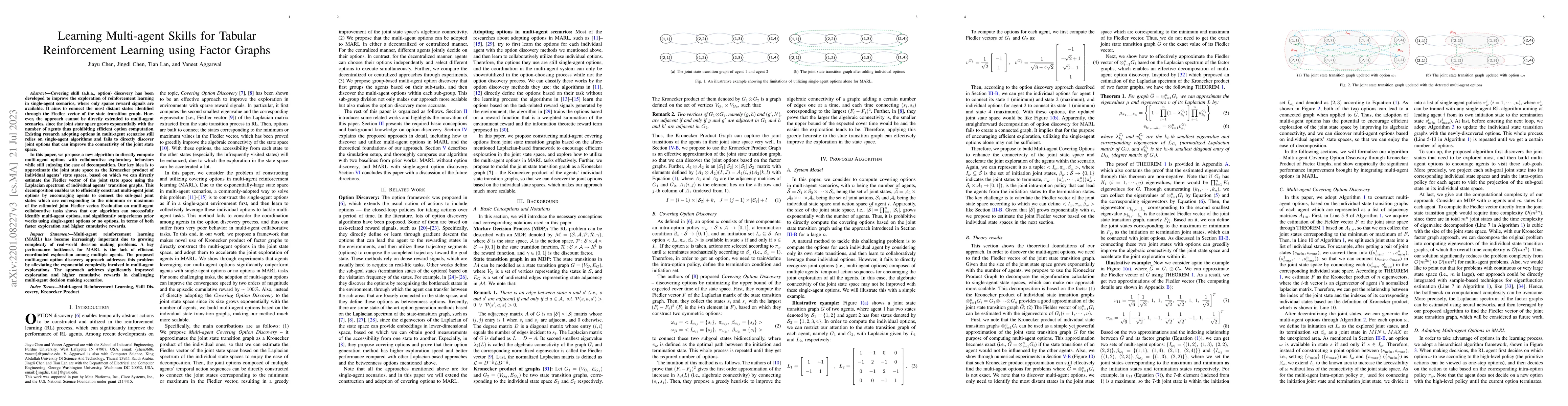 Thumbnail for Learning Multi-agent Skills for Tabular Reinforcement Learning using
  Factor Graphs