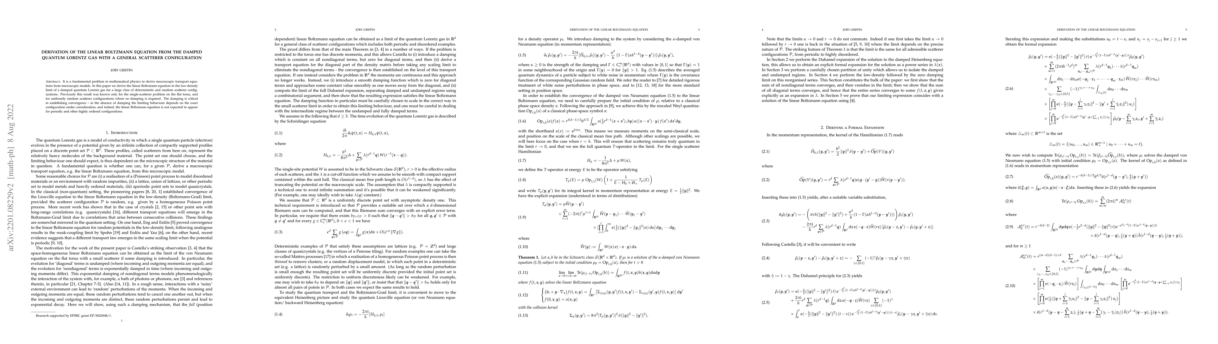 Thumbnail for Derivation of the linear Boltzmann equation from the damped quantum
  Lorentz gas with a general scatterer configuration