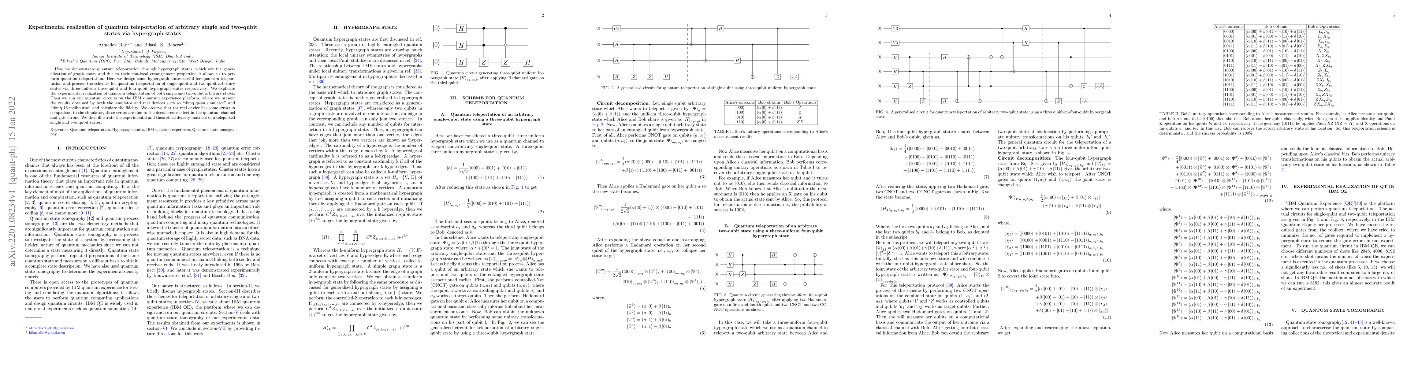 Thumbnail for Experimental realization of quantum teleportation of arbitrary single
  and two-qubit states via hypergraph states