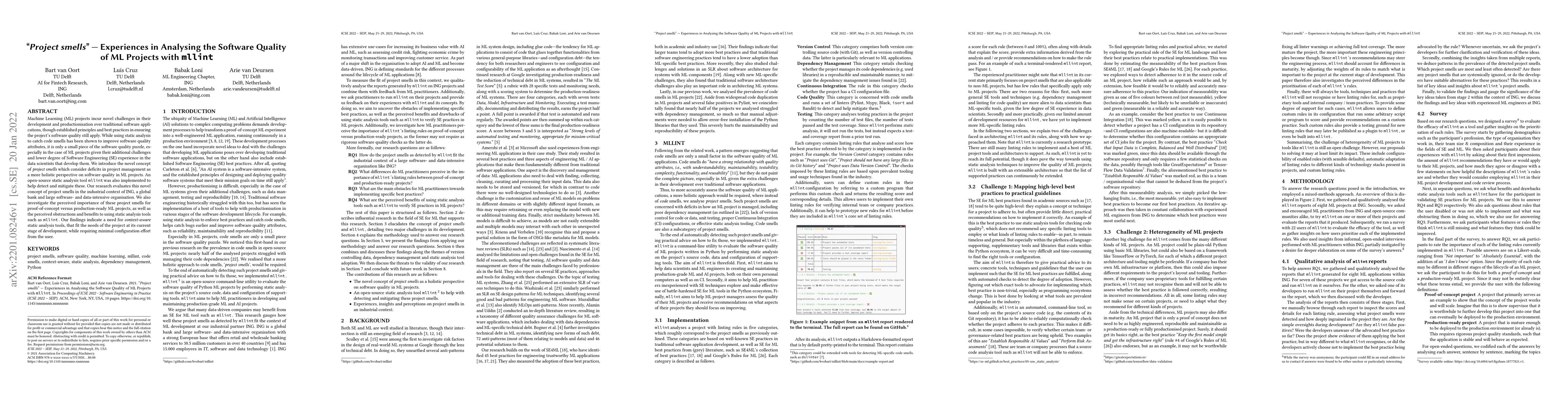 Thumbnail for "Project smells" -- Experiences in Analysing the Software Quality of ML
  Projects with mllint