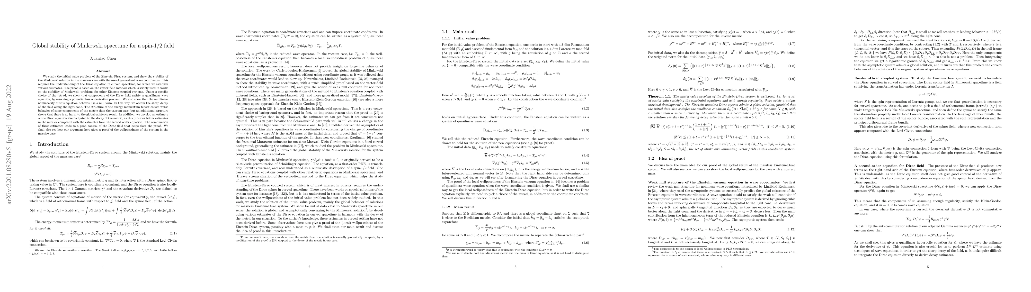 Thumbnail for Global stability of Minkowski spacetime for a spin-1/2 field