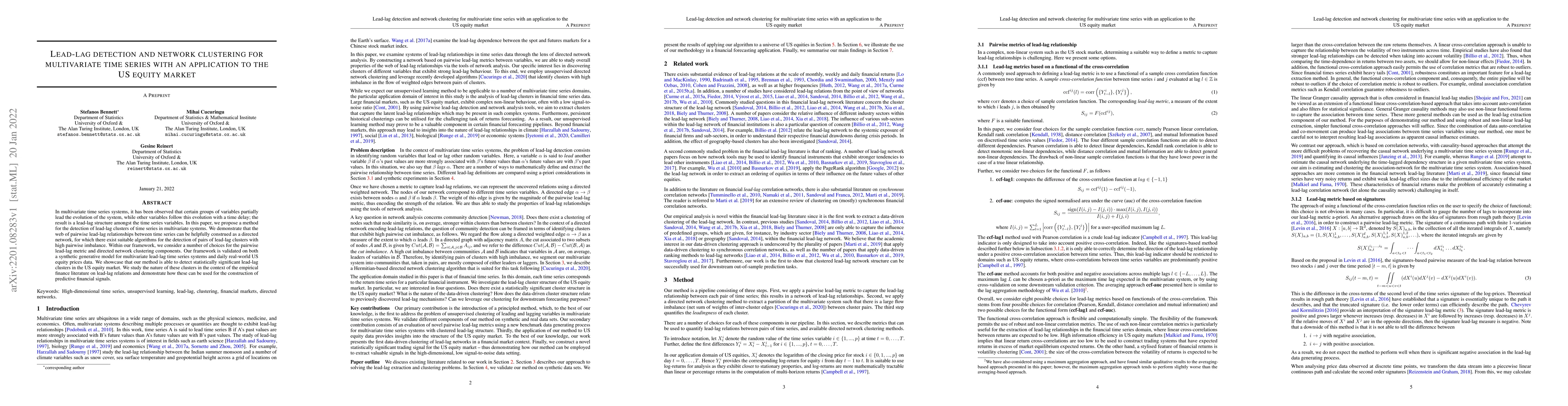 Thumbnail for Lead-lag detection and network clustering for multivariate time series
  with an application to the US equity market