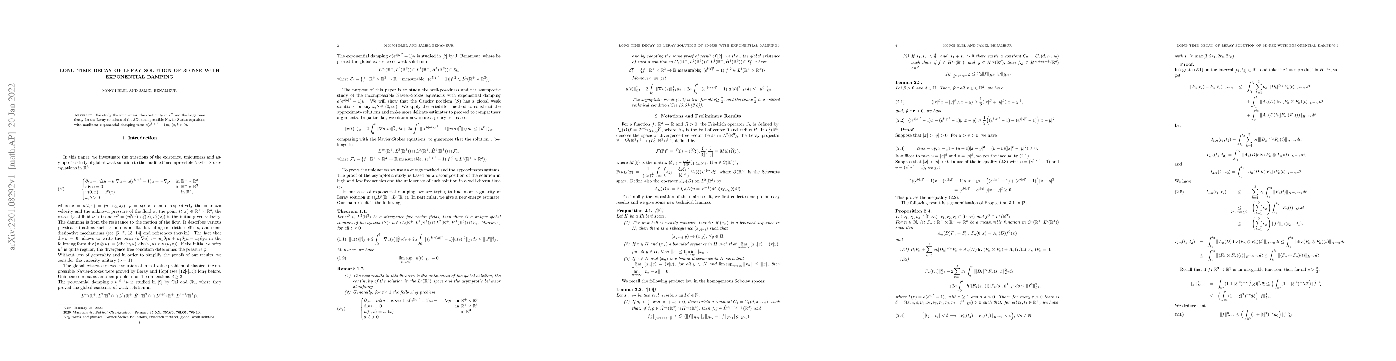 Thumbnail for Long Time Decay of Leray Solution of 3D-NSE With Exponential Damping