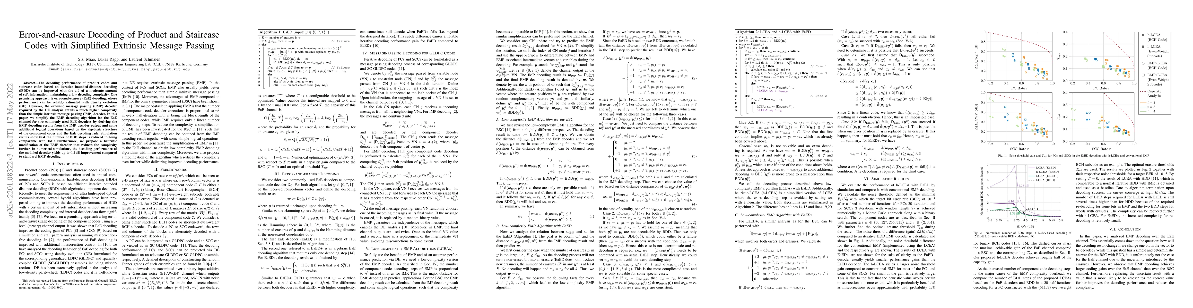 Thumbnail for Error-and-erasure Decoding of Product and Staircase Codes with
  Simplified Extrinsic Message Passing