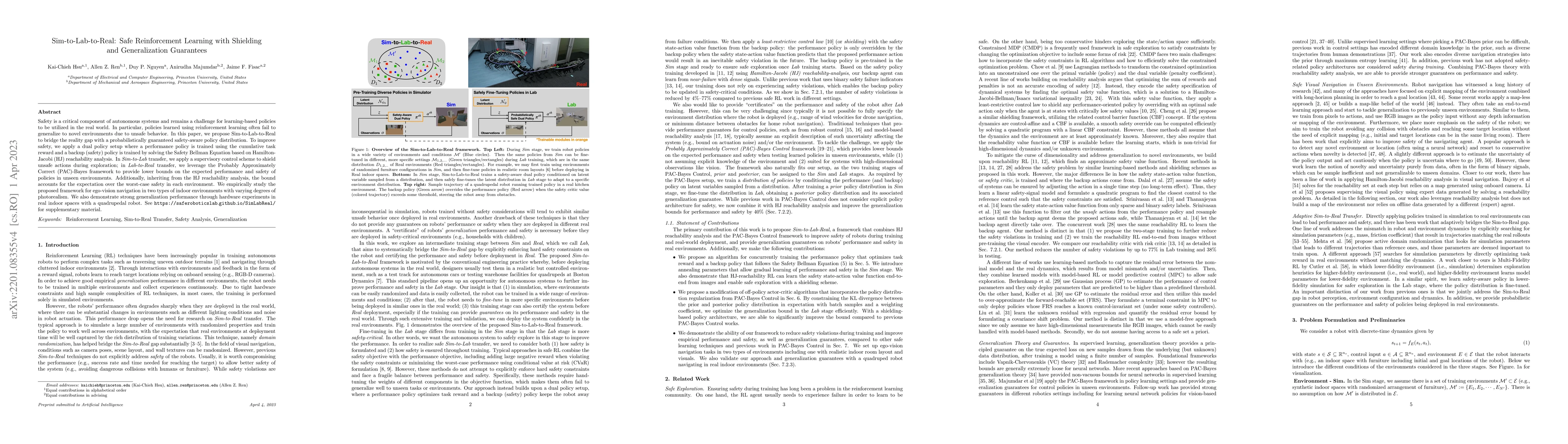 Thumbnail for Sim-to-Lab-to-Real: Safe Reinforcement Learning with Shielding and
  Generalization Guarantees
