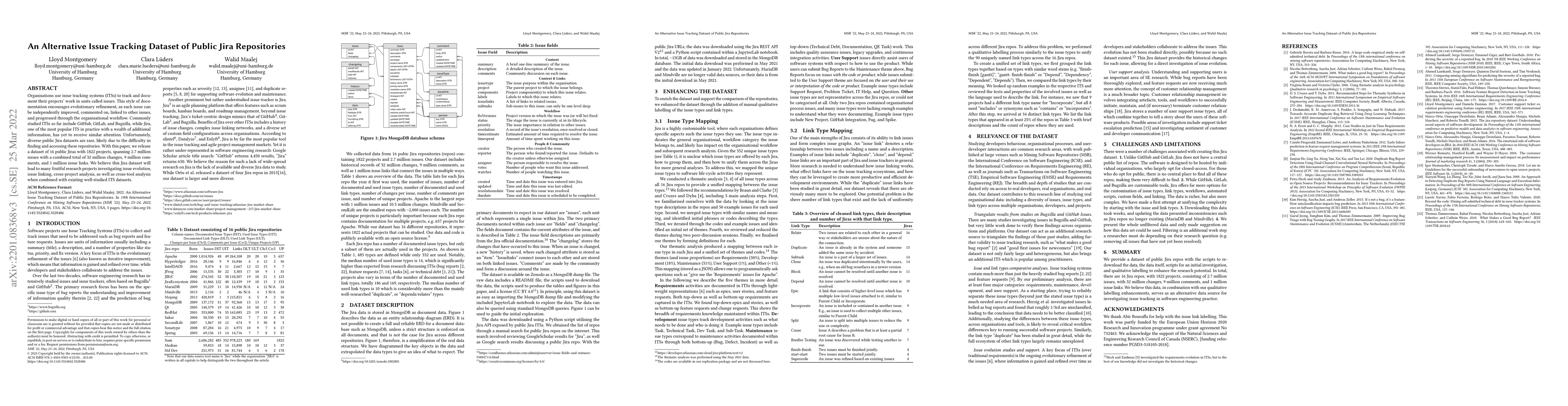 Thumbnail for An Alternative Issue Tracking Dataset of Public Jira Repositories