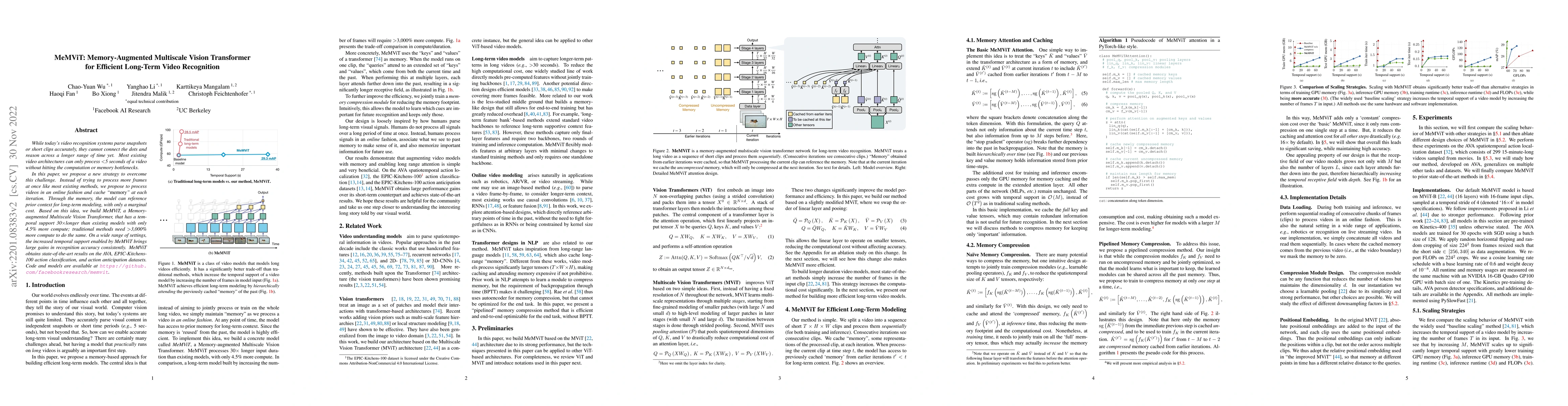 Thumbnail for MeMViT: Memory-Augmented Multiscale Vision Transformer for Efficient
  Long-Term Video Recognition