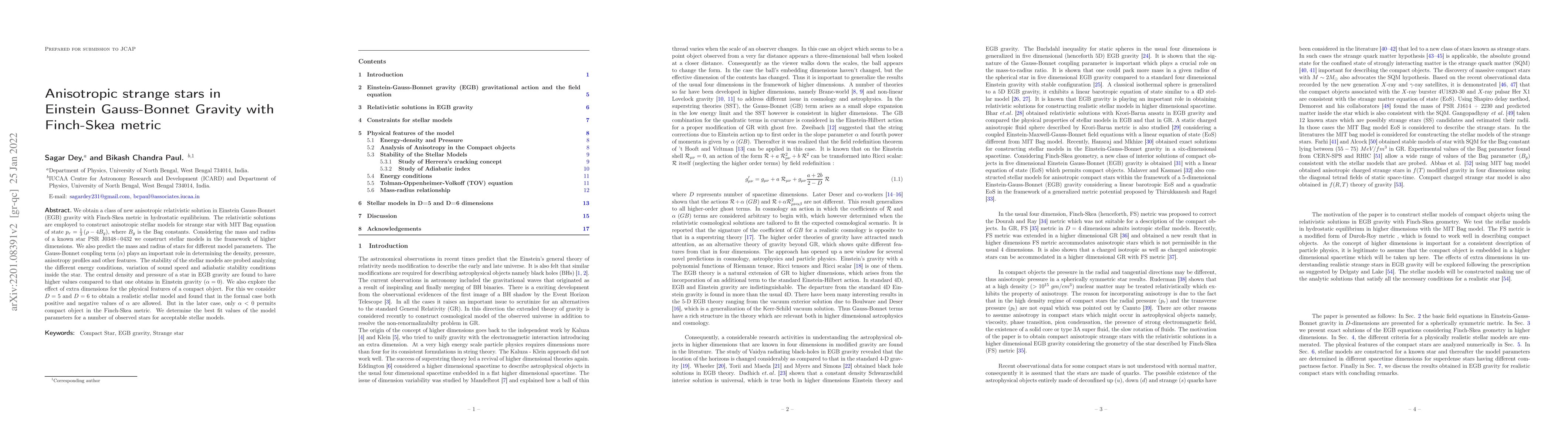 Thumbnail for Anisotropic strange stars in Einstein Gauss-Bonnet Gravity with
  Finch-Skea metric
