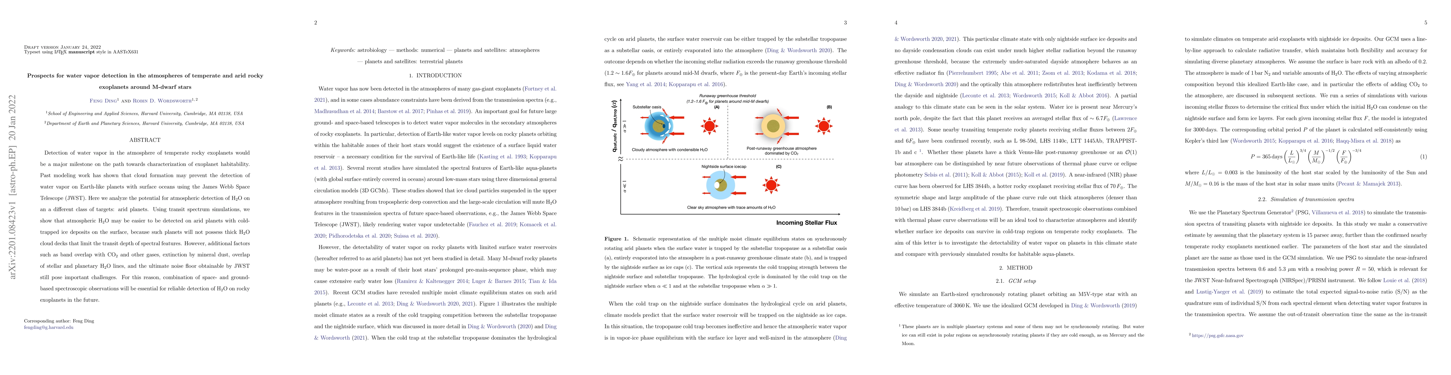Thumbnail for Prospects for water vapor detection in the atmospheres of temperate and
  arid rocky exoplanets around M-dwarf stars