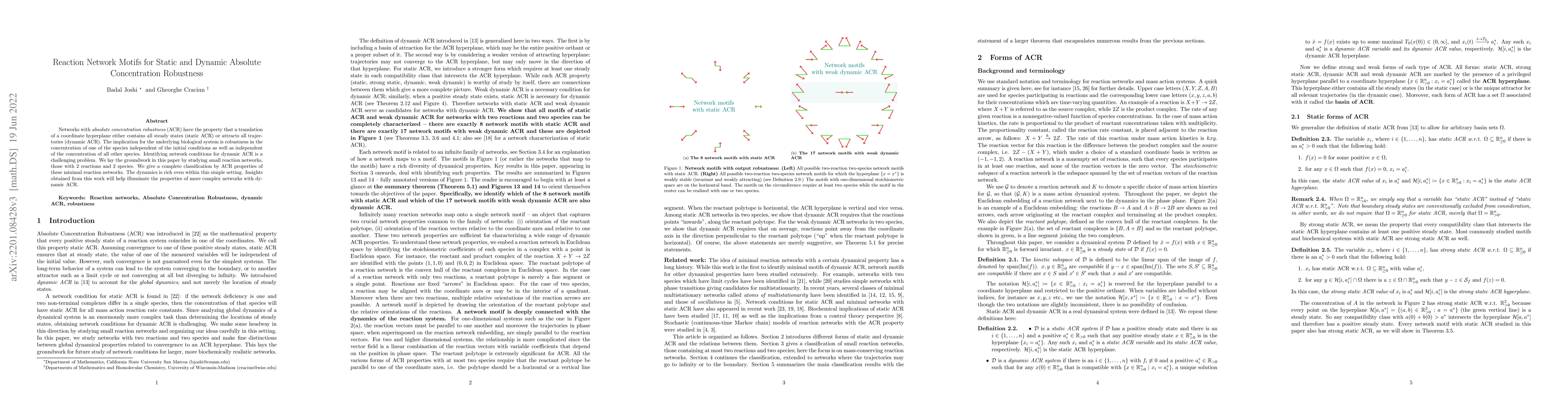 Thumbnail for Reaction Network Motifs for Static and Dynamic Absolute Concentration
  Robustness