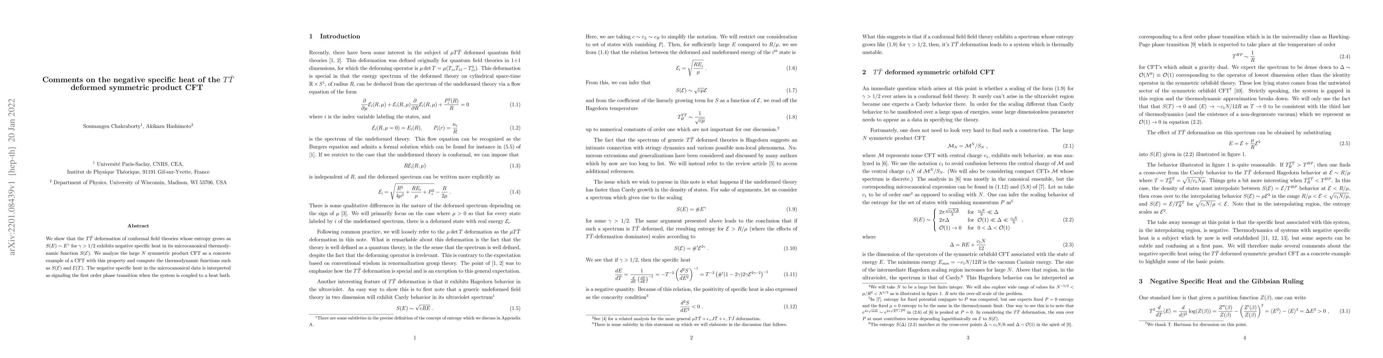 Thumbnail for Comments on the negative specific heat of the $T \bar T$ deformed
  symmetric product CFT