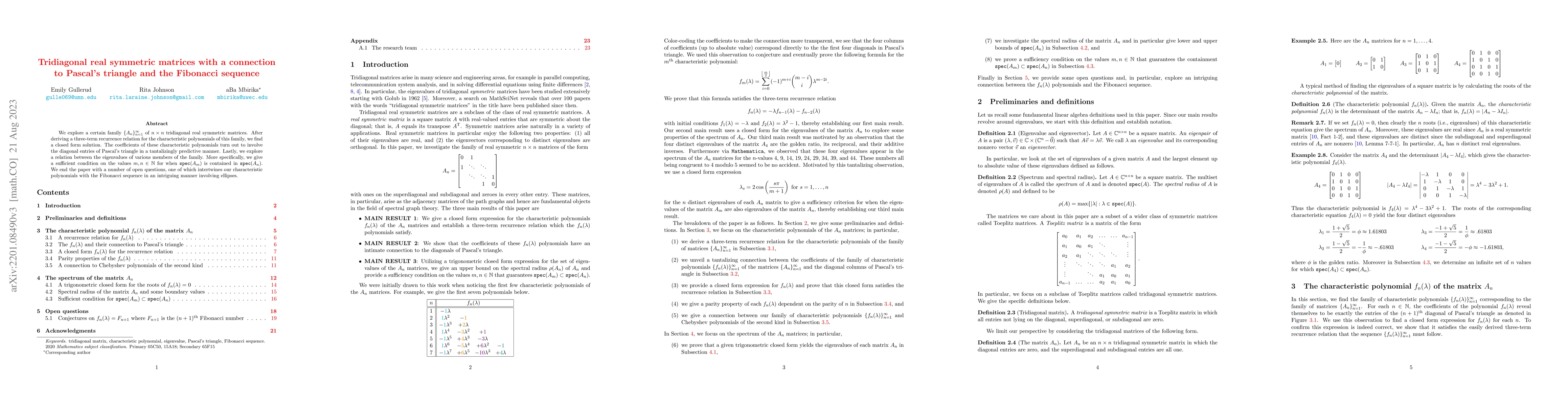 Thumbnail for Tridiagonal real symmetric matrices with a connection to Pascal's
  triangle and the Fibonacci sequence