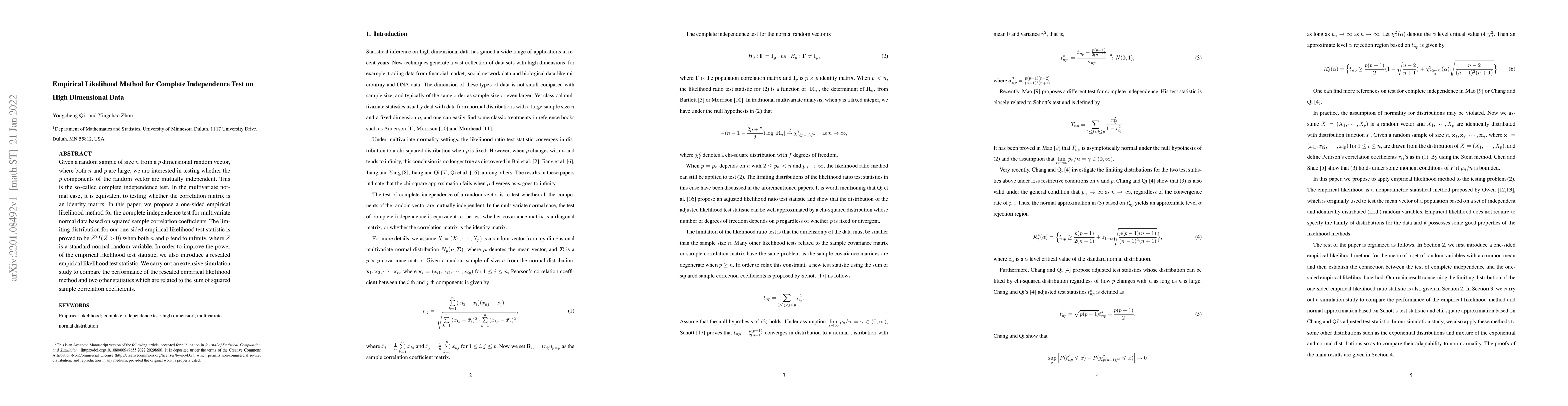 Thumbnail for Empirical likelihood method for complete independence test on high
  dimensional data