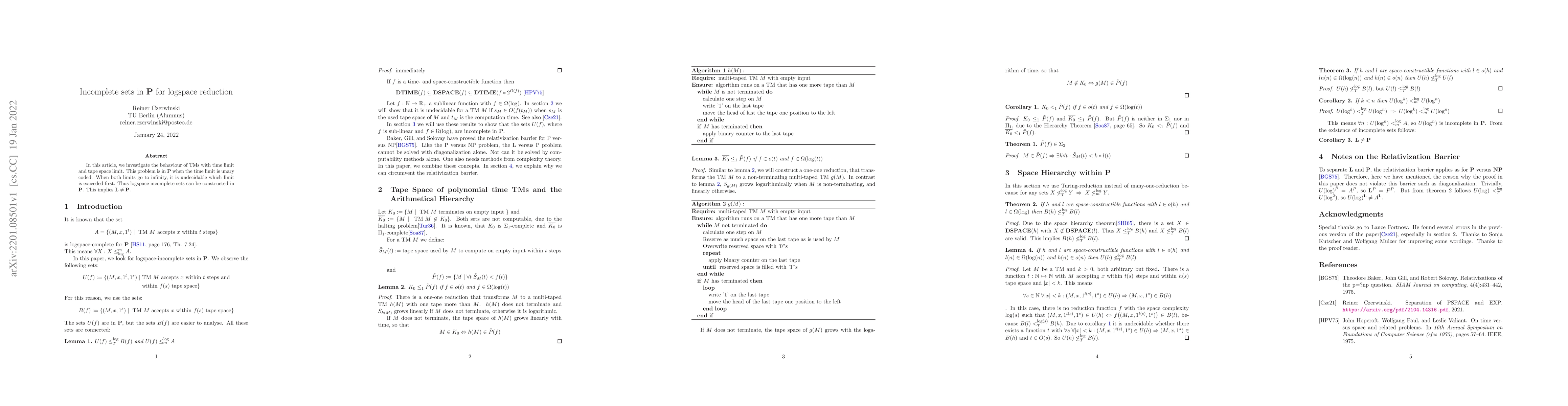 Thumbnail for Incomplete sets in P for logspace-reduction