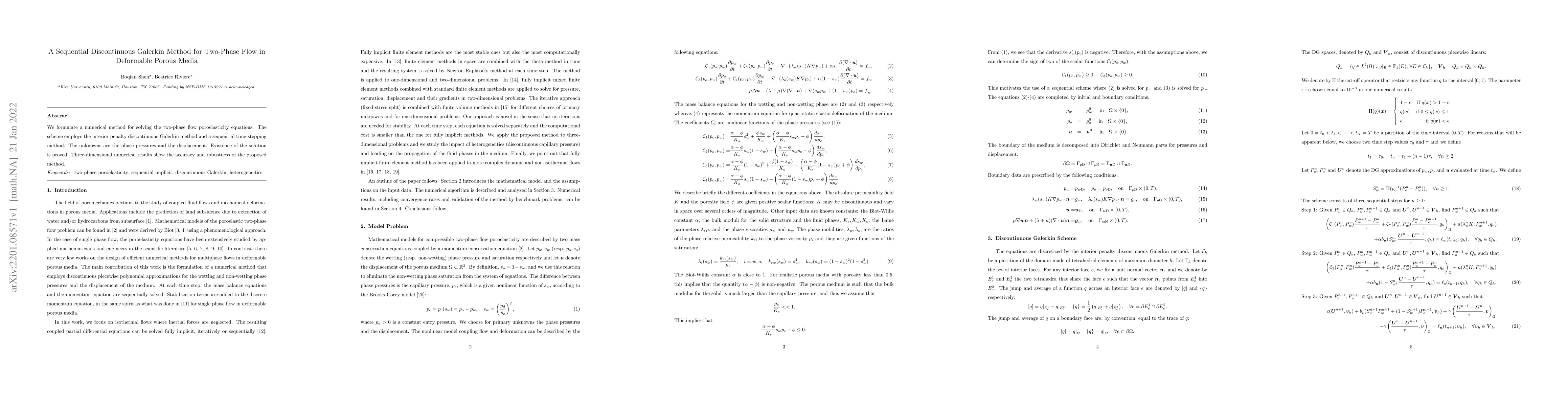 Thumbnail for A Sequential Discontinuous Galerkin Method for Two-Phase Flow in
  Deformable Porous Media