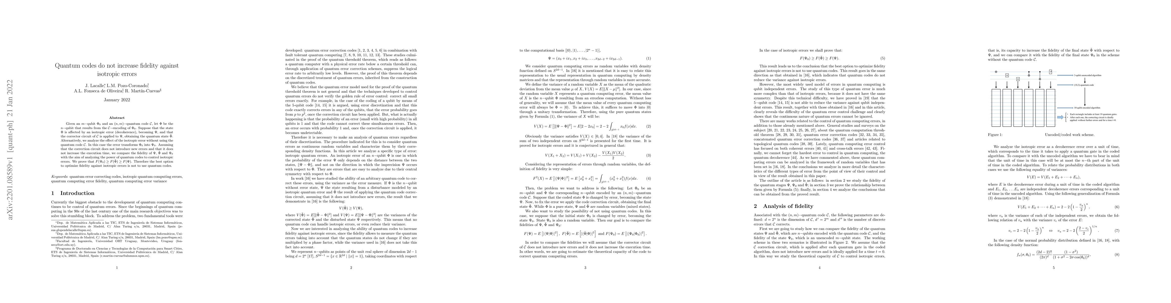 Thumbnail for Quantum codes do not increase fidelity against isotropic errors