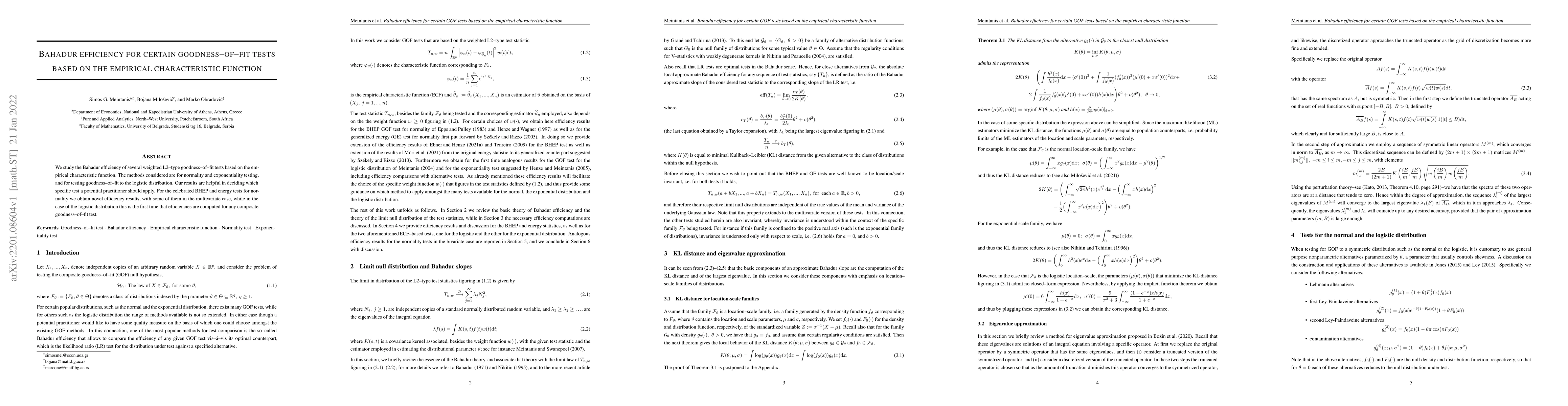 Thumbnail for Bahadur efficiency for certain goodness--of--fit tests based on the
  empirical characteristic function