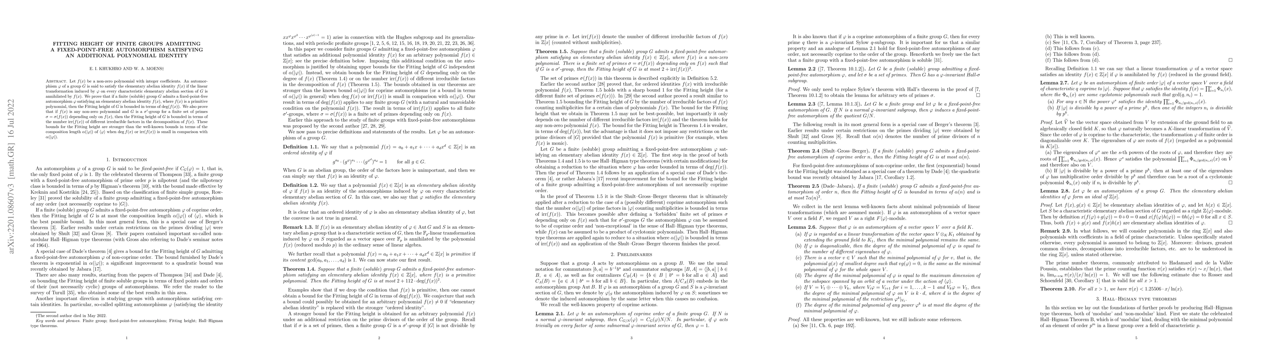 Thumbnail for Fitting height of finite groups admitting a fixed-point-free
  automorphism satisfying an additional polynomial identity