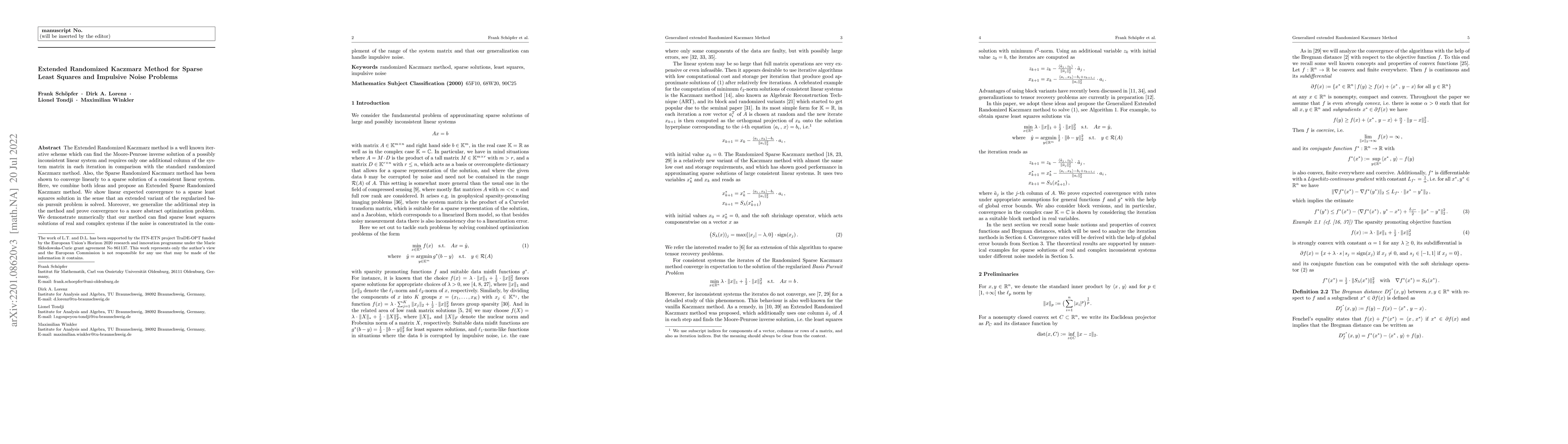 Thumbnail for Extended Randomized Kaczmarz Method for Sparse Least Squares and
  Impulsive Noise Problems