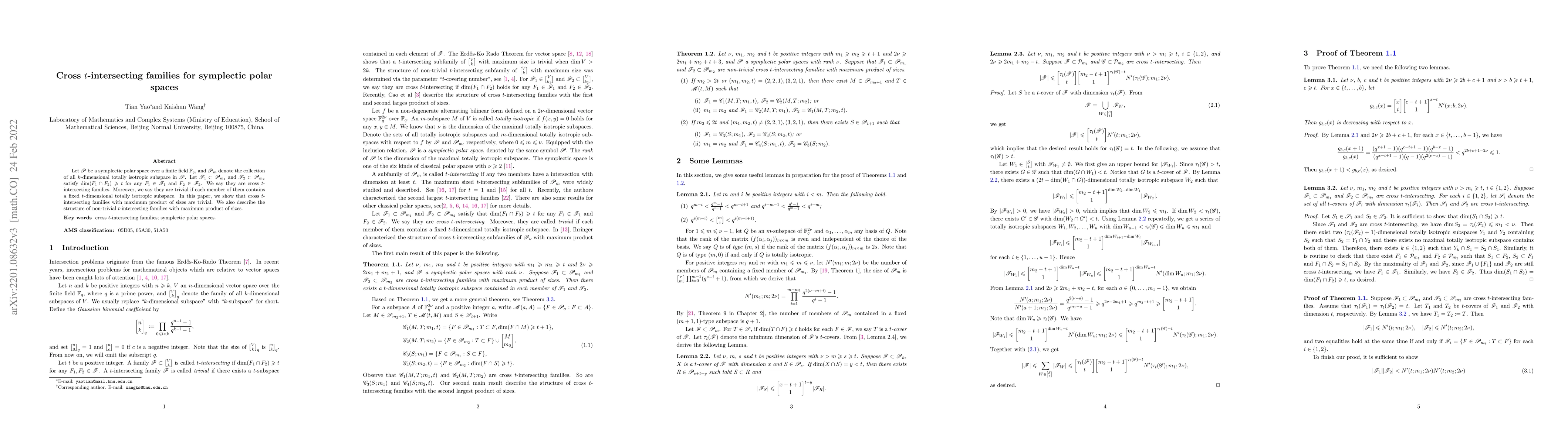 Thumbnail for Cross $t$-intersecting families for symplectic polar spaces