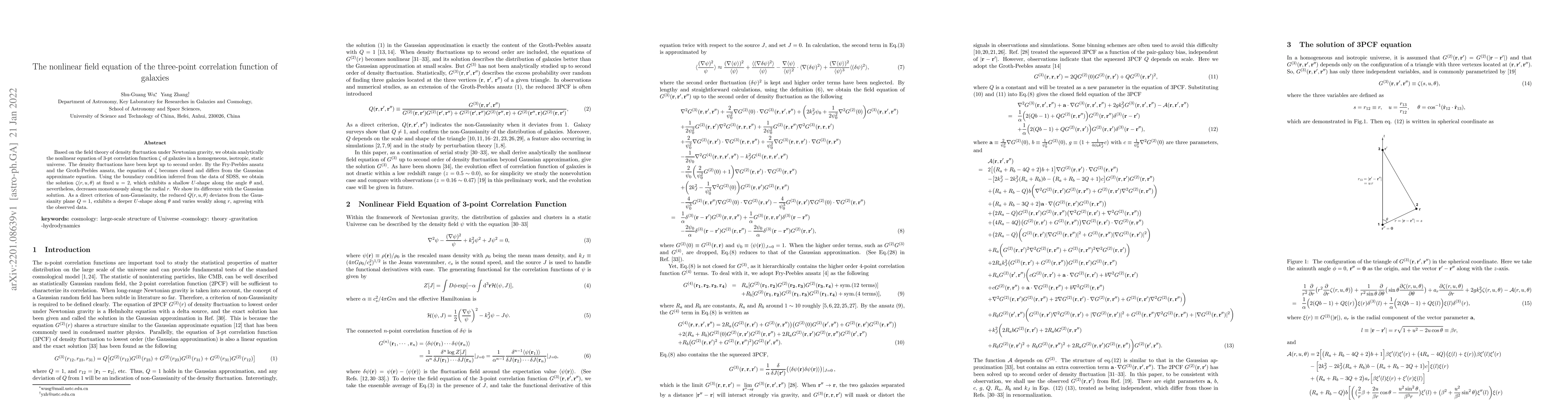 Thumbnail for The nonlinear field equation of the three-point correlation function of
  galaxies
