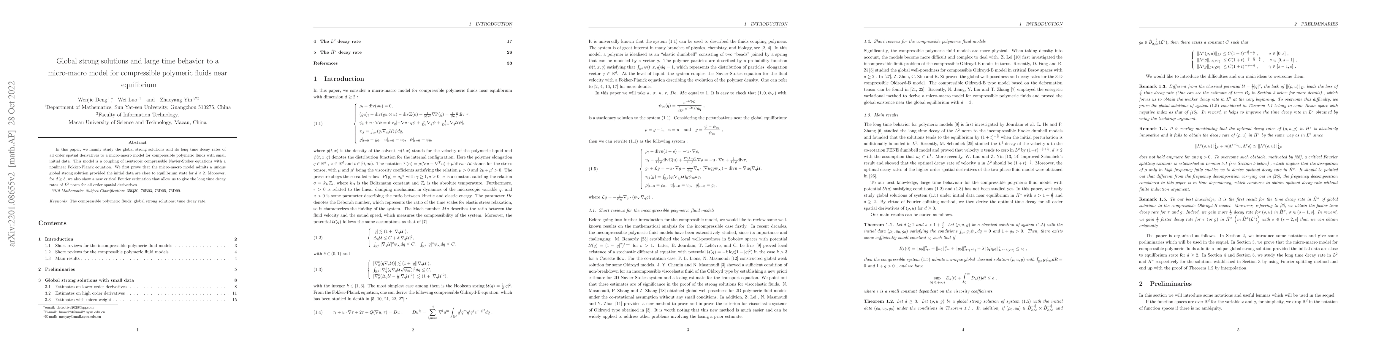 Thumbnail for Global strong solutions and large time behavior to a micro-macro model
  for compressible polymeric fluids near equilibrium