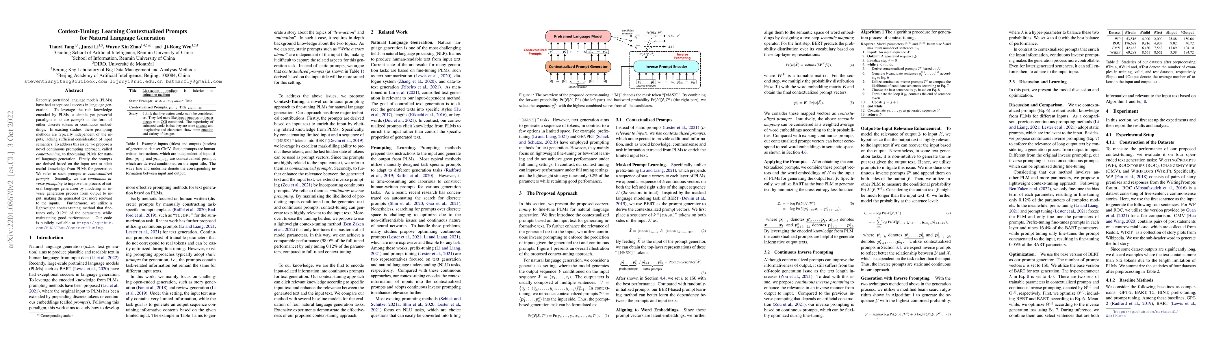 Thumbnail for Context-Tuning: Learning Contextualized Prompts for Natural Language
  Generation