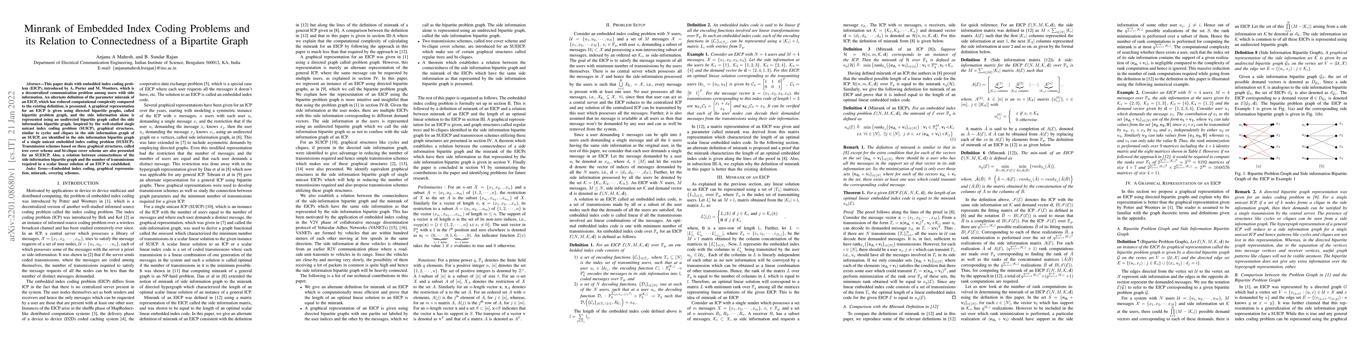 Thumbnail for Minrank of Embedded Index Coding Problems and its Relation to
  Connectedness of a Bipartite Graph