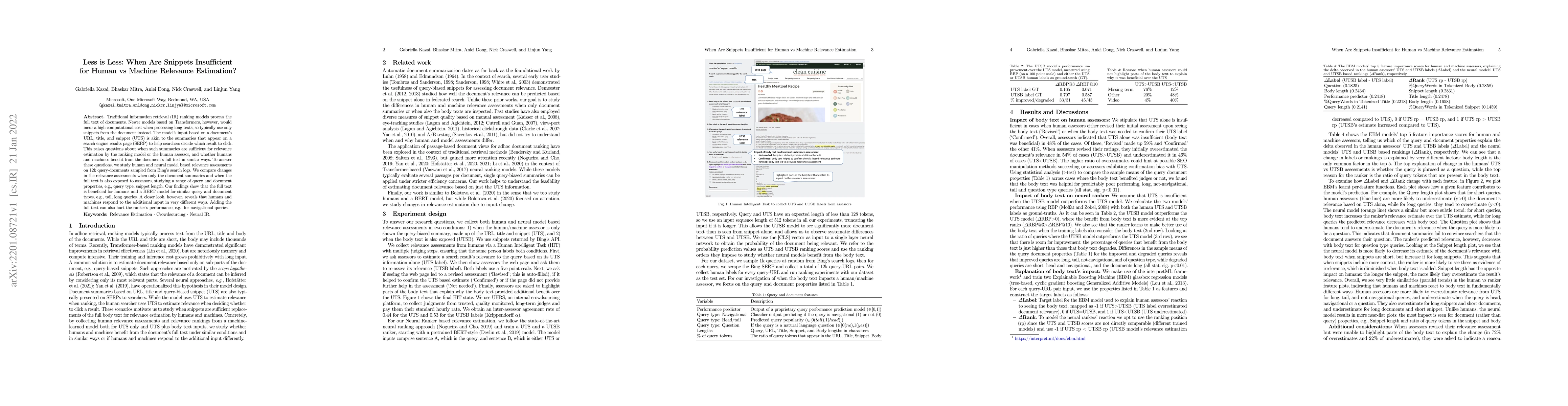 Thumbnail for Less is Less: When Are Snippets Insufficient for Human vs Machine
  Relevance Estimation?