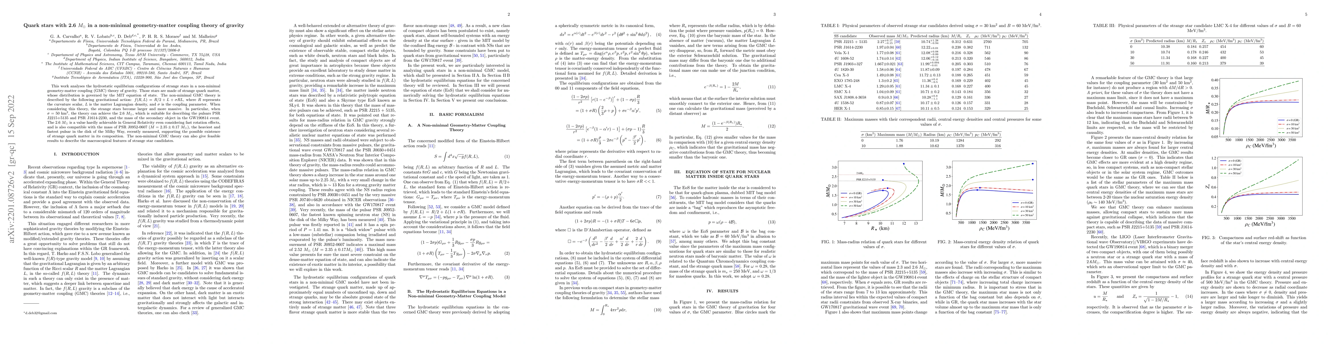 Thumbnail for Quark stars with 2.6 $M_\odot$ in a non-minimal geometry-matter coupling
  theory of gravity