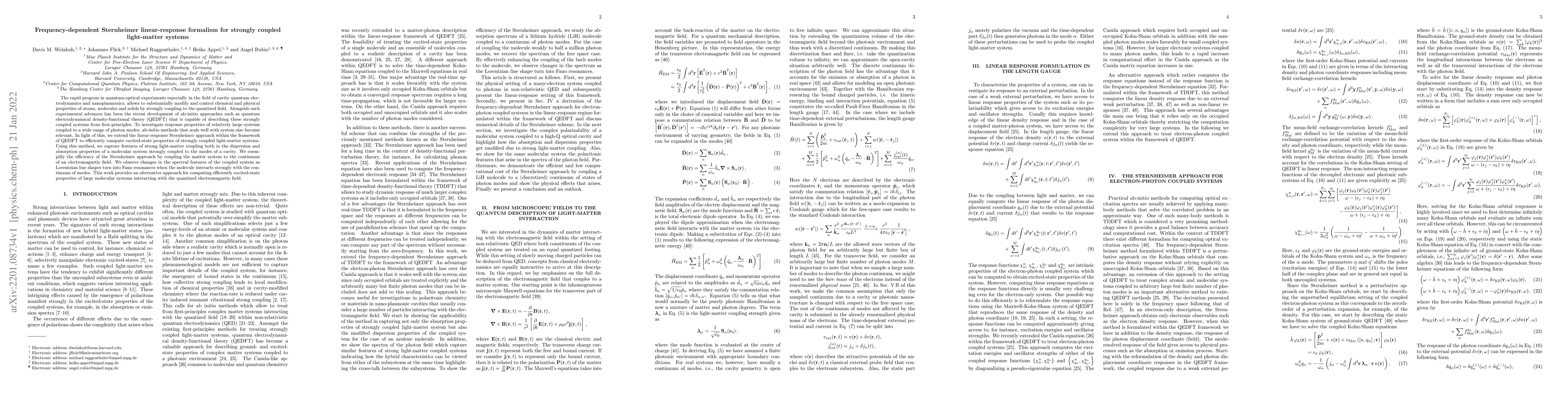 Thumbnail for Frequency-dependent Sternheimer linear-response formalism for strongly
  coupled light-matter systems