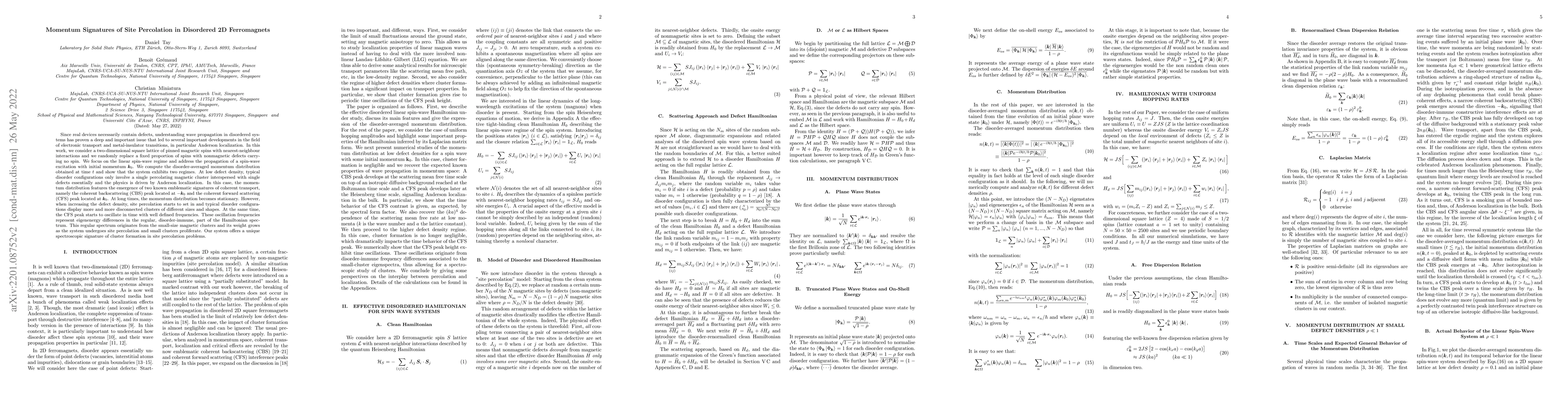 Thumbnail for Momentum Signatures of Site Percolation in Disordered 2D Ferromagnets